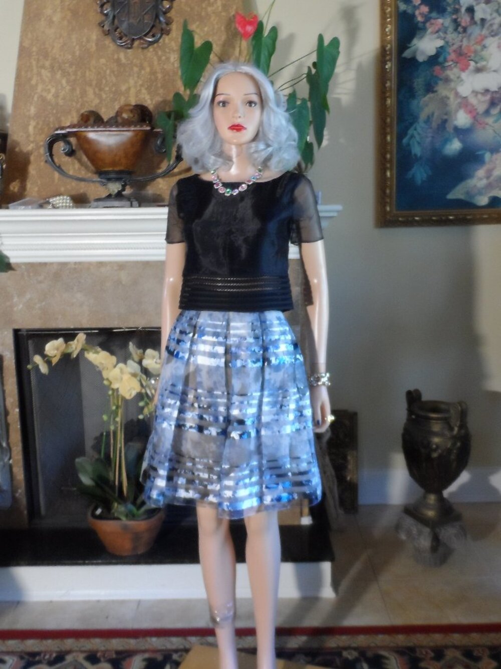 New Sachin + Babi Noir Blue Organza Skirt & Black Top Set XS/6